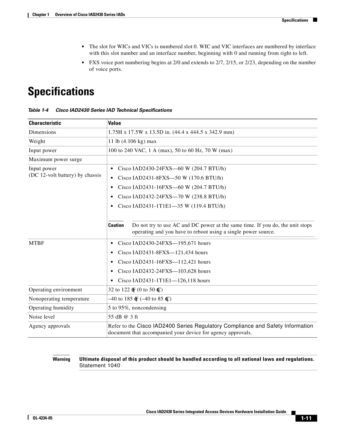 Cisco Systems IAD2430 Series specifications Specifications, Characteristic Value 