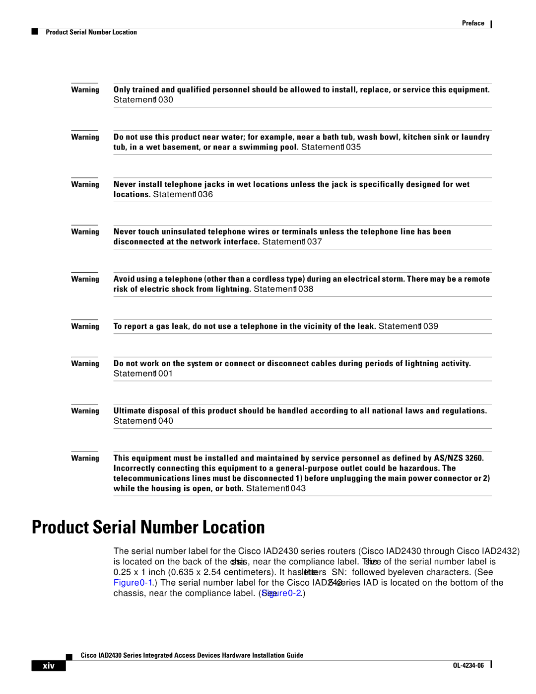 Cisco Systems IAD2430 manual Product Serial Number Location, Xiv 