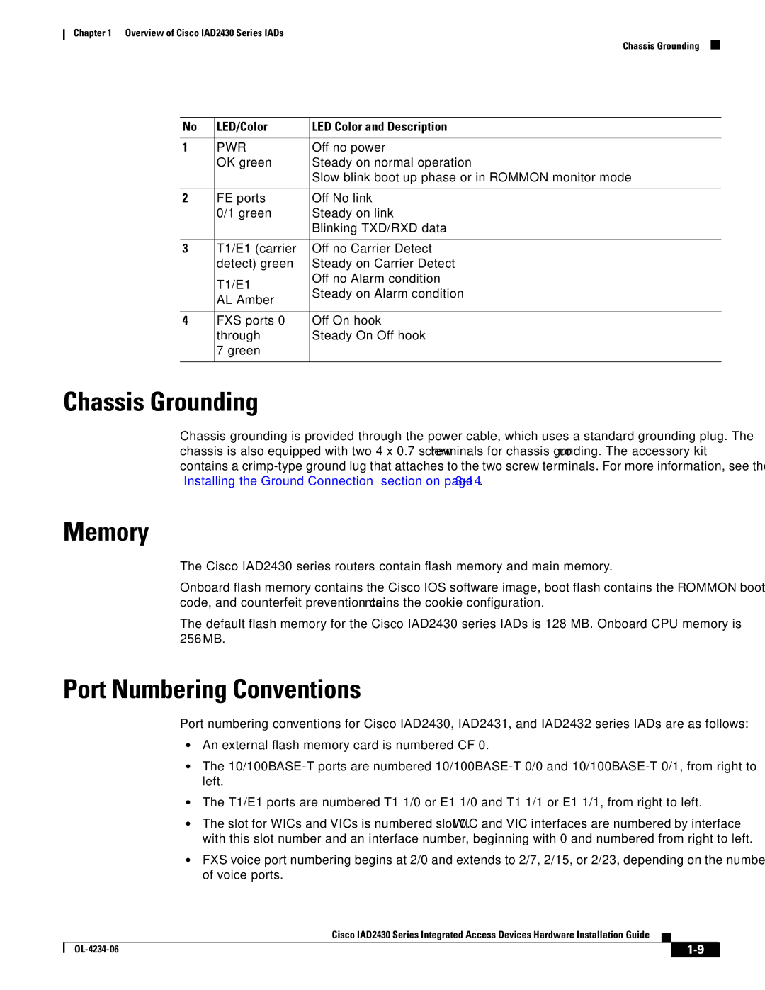 Cisco Systems IAD2430 manual Chassis Grounding, Memory, Port Numbering Conventions, LED/Color LED Color and Description 