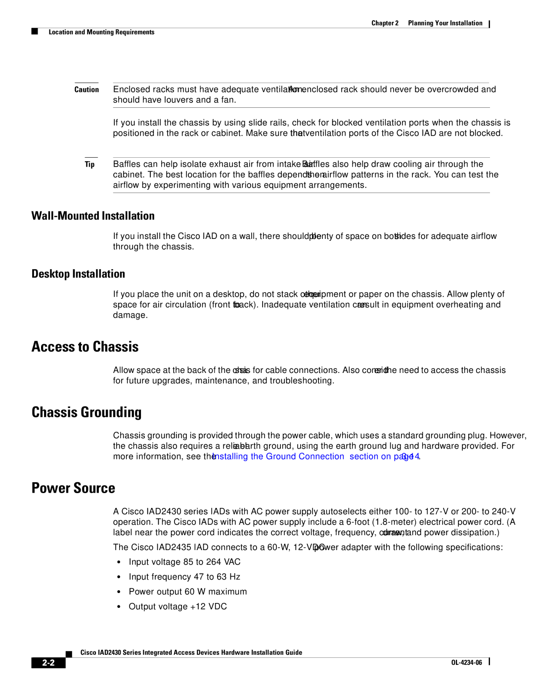 Cisco Systems IAD2430 manual Access to Chassis, Chassis Grounding, Power Source 