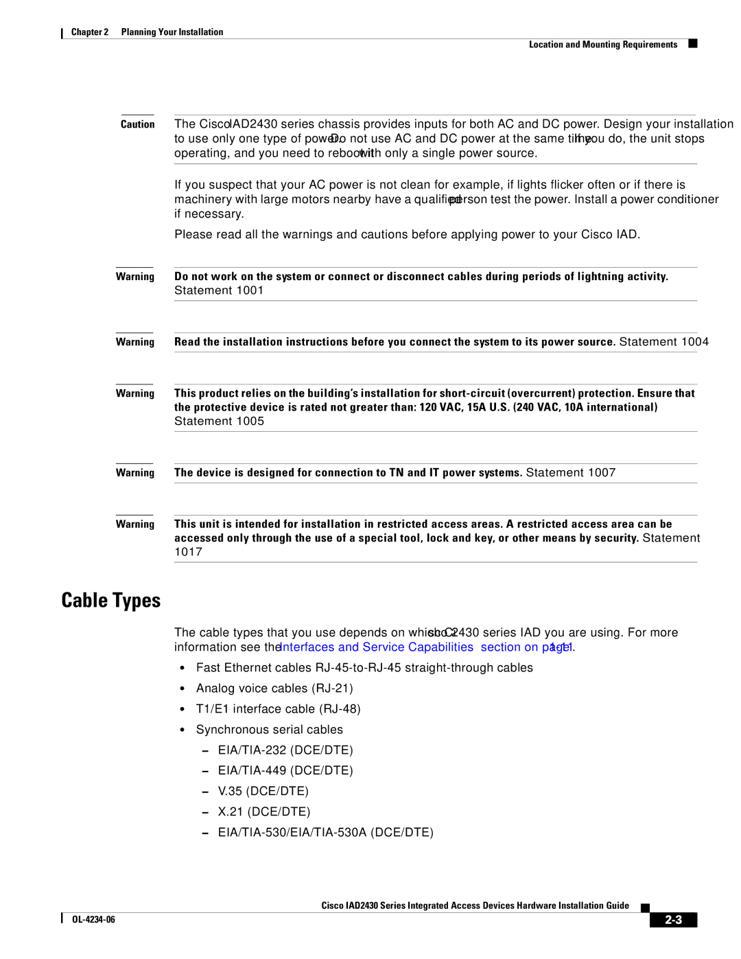 Cisco Systems IAD2430 manual Cable Types, EIA/TIA-530/EIA/TIA-530A DCE/DTE 