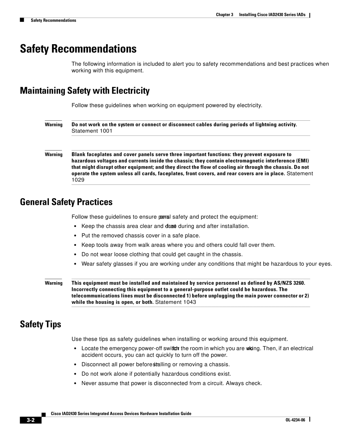 Cisco Systems IAD2430 Safety Recommendations, Maintaining Safety with Electricity, General Safety Practices, Safety Tips 