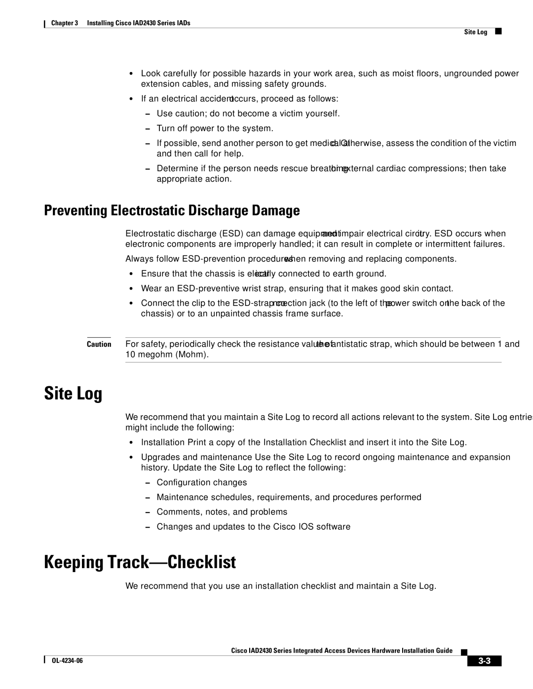 Cisco Systems IAD2430 manual Site Log, Keeping Track-Checklist, Preventing Electrostatic Discharge Damage 