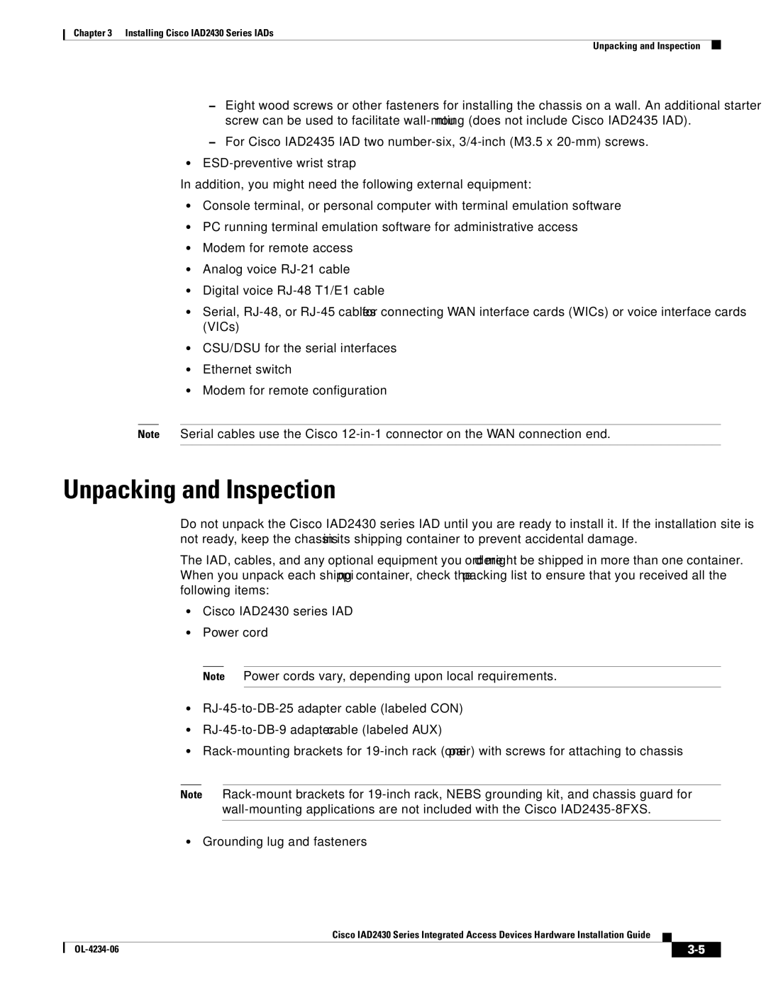 Cisco Systems IAD2430 manual Unpacking and Inspection 