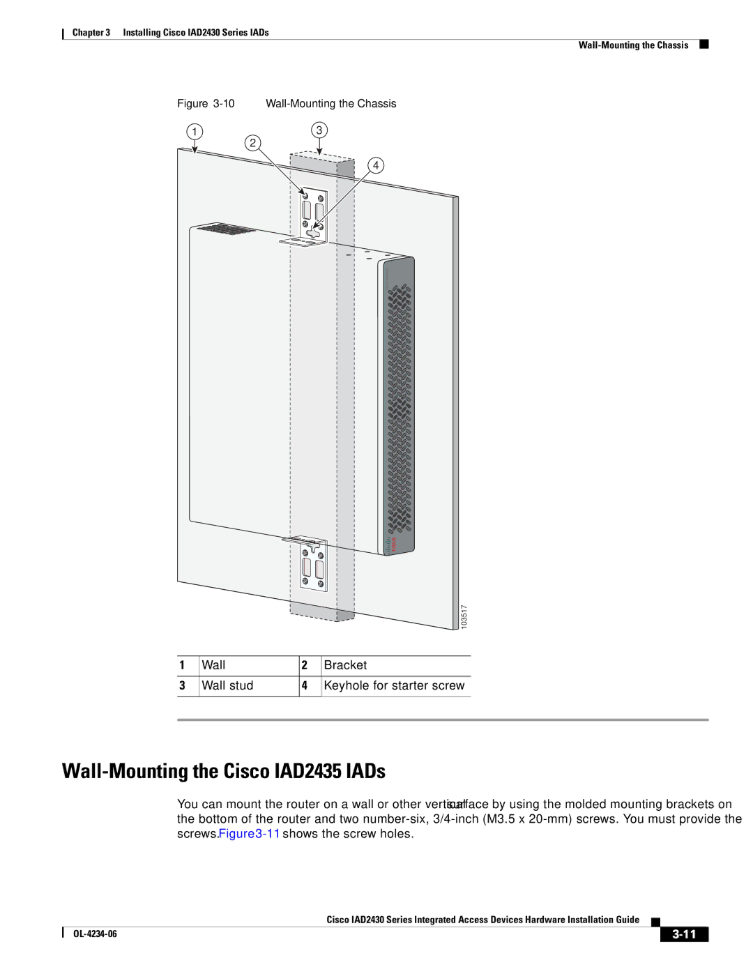 Cisco Systems IAD2430 manual Wall-Mounting the Cisco IAD2435 IADs, Wall-Mounting the Chassis 