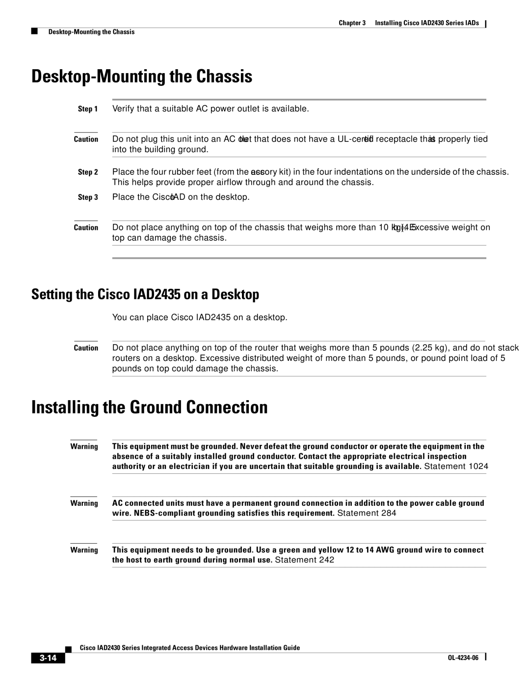 Cisco Systems IAD2430 manual Desktop-Mounting the Chassis, Installing the Ground Connection 