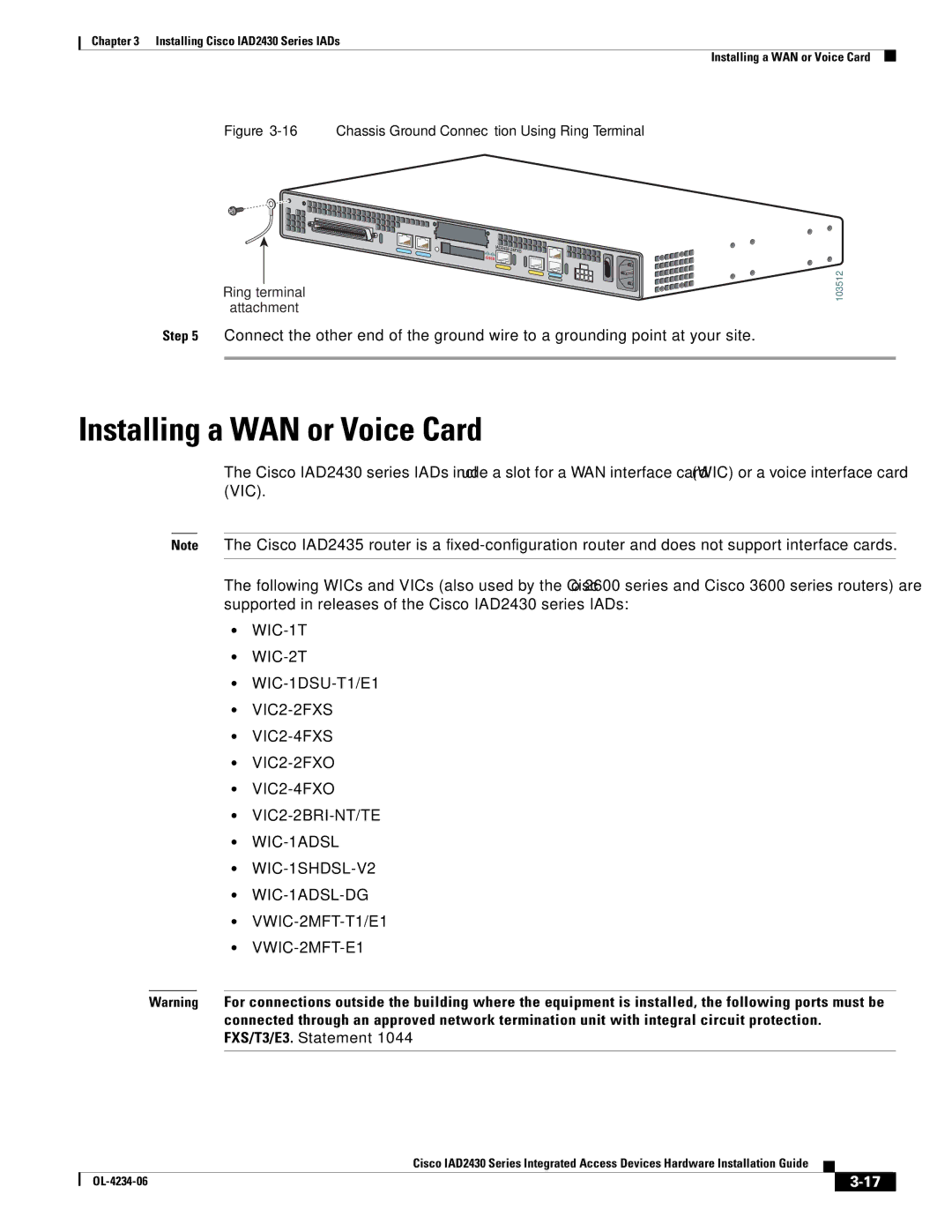 Cisco Systems IAD2430 manual Installing a WAN or Voice Card, Chassis Ground Connection Using Ring Terminal 