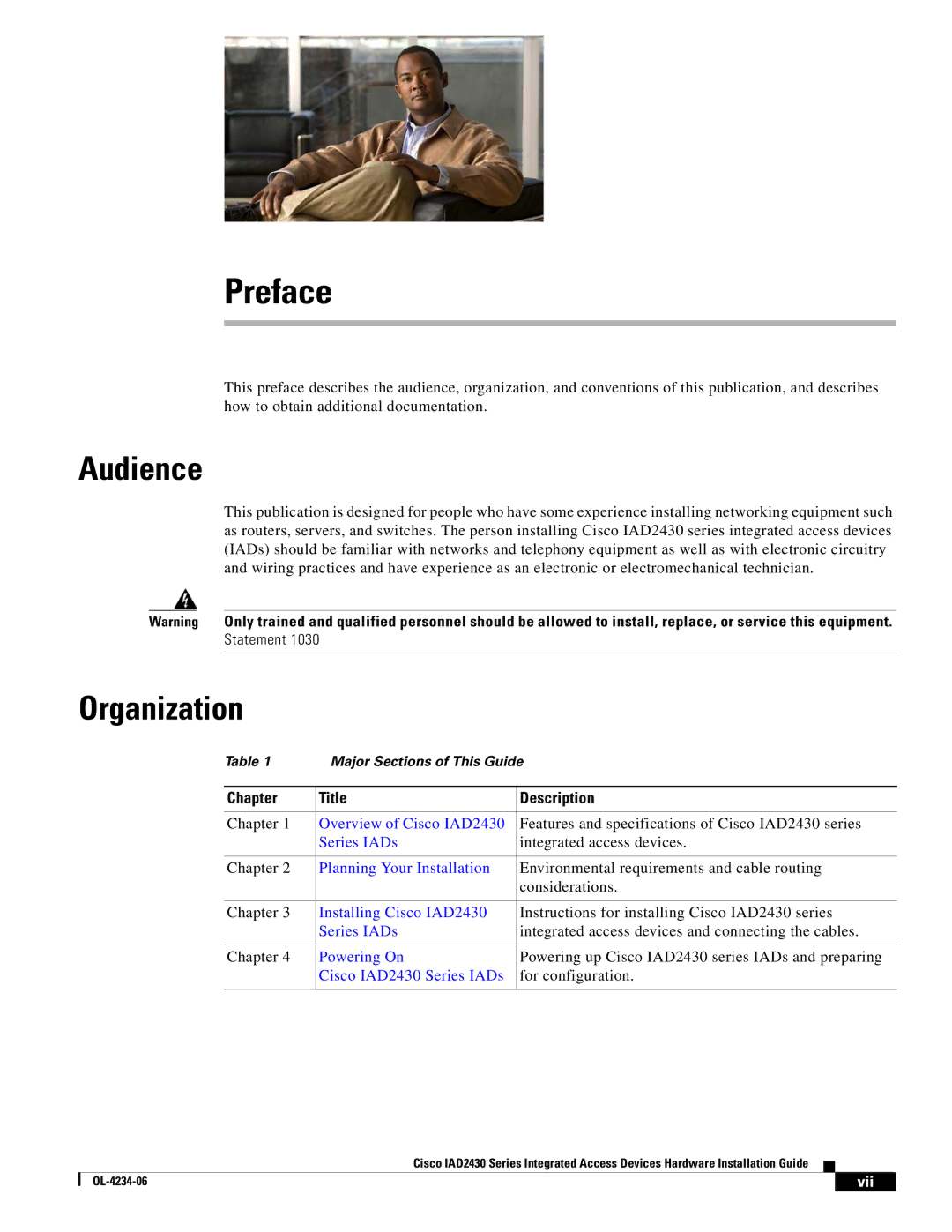 Cisco Systems IAD2430 manual Audience, Organization, Chapter Title Description 