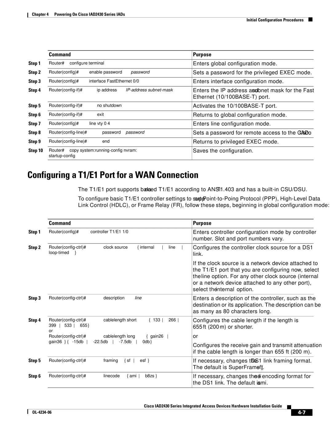 Cisco Systems IAD2430 manual Configuring a T1/E1 Port for a WAN Connection, Command Purpose 