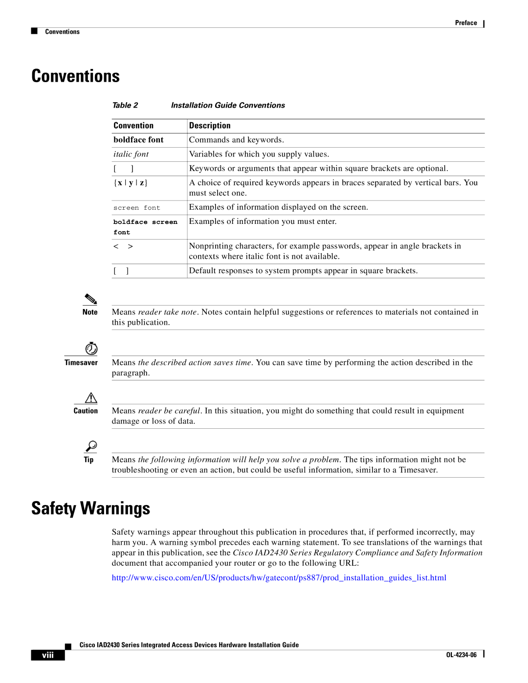 Cisco Systems IAD2430 manual Conventions, Safety Warnings, Convention Description 