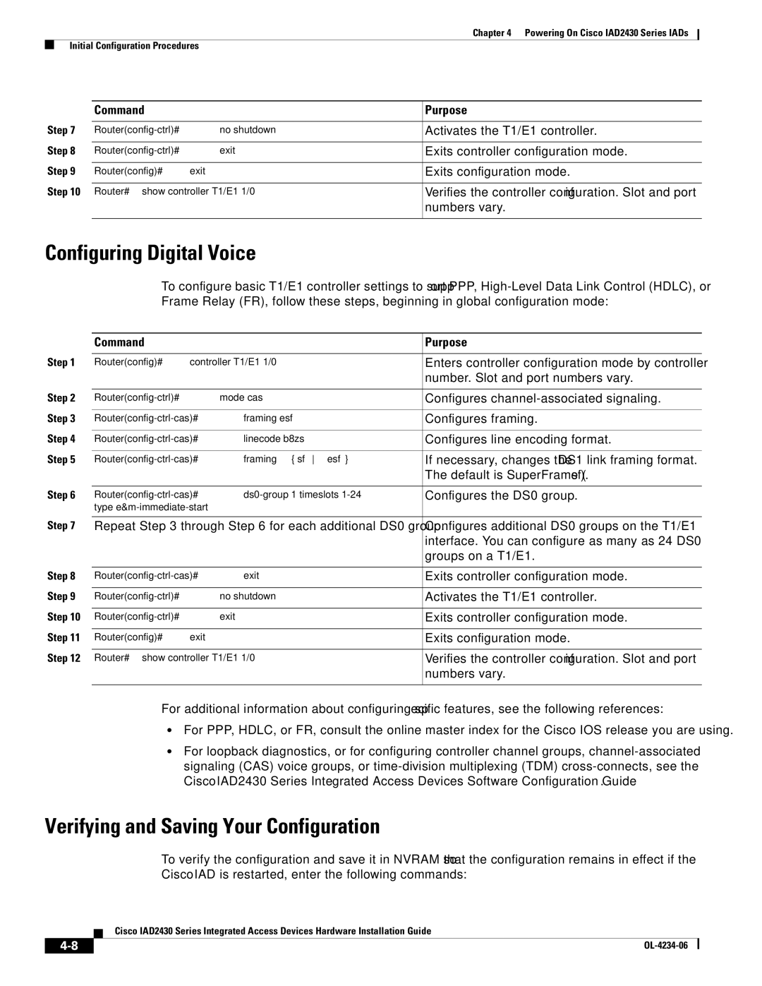 Cisco Systems IAD2430 manual Configuring Digital Voice, Verifying and Saving Your Configuration 