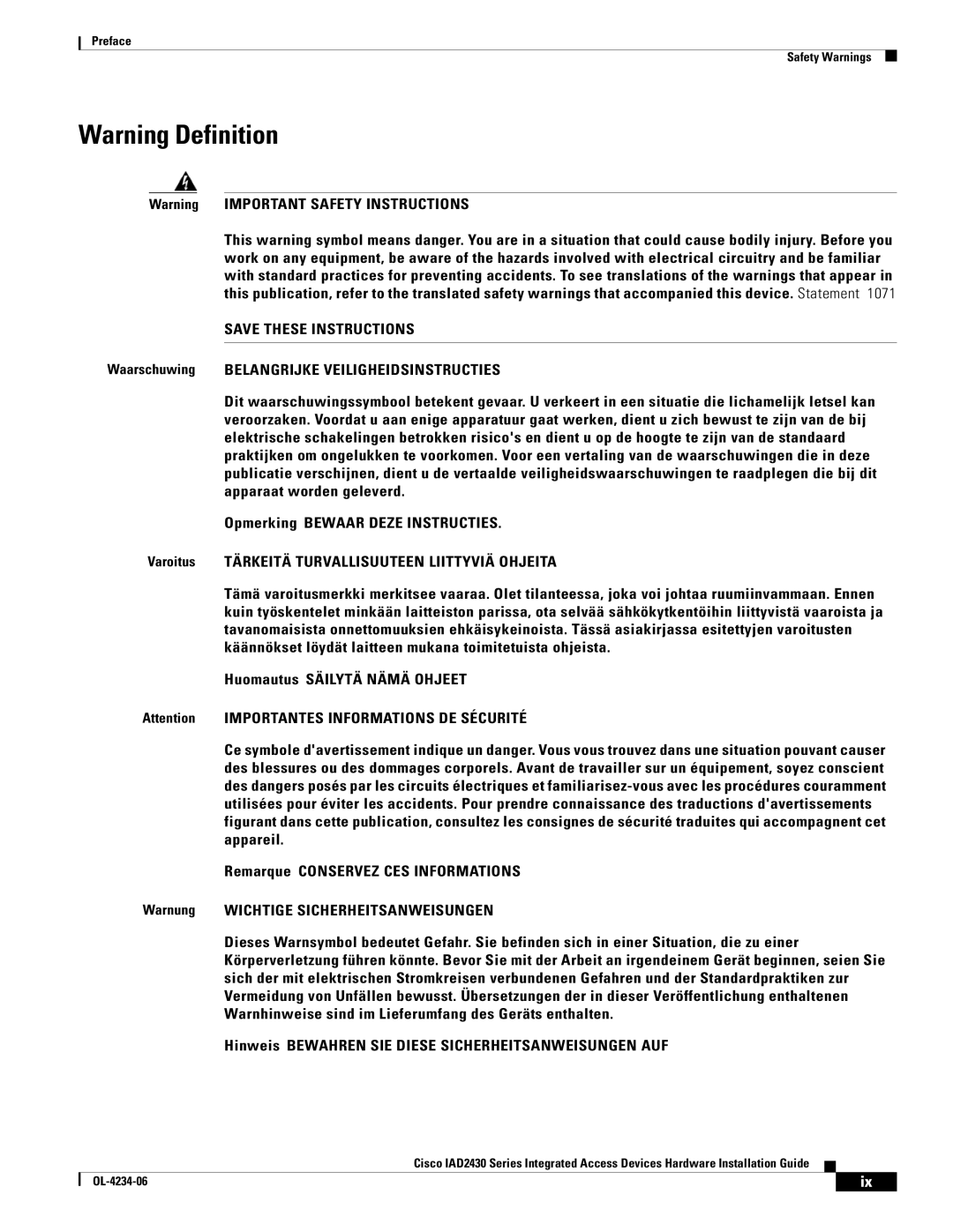 Cisco Systems IAD2430 manual Waarschuwing Belangrijke Veiligheidsinstructies 