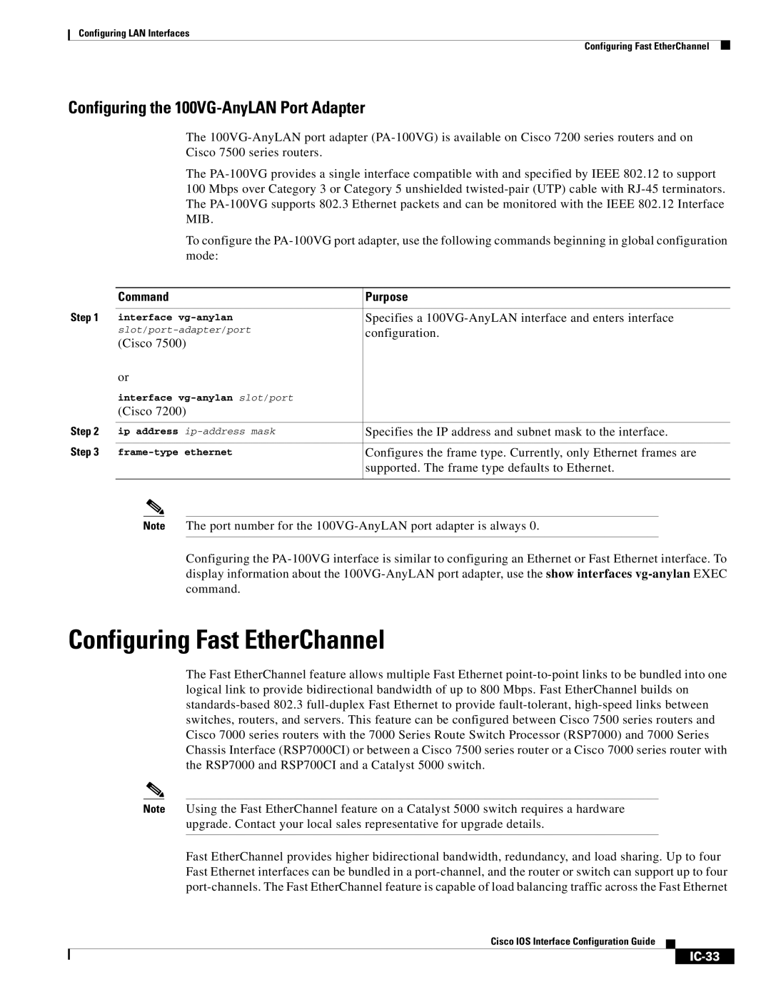 Cisco Systems IC-23 manual Configuring Fast EtherChannel, Configuring the 100VG-AnyLAN Port Adapter, IC-33 