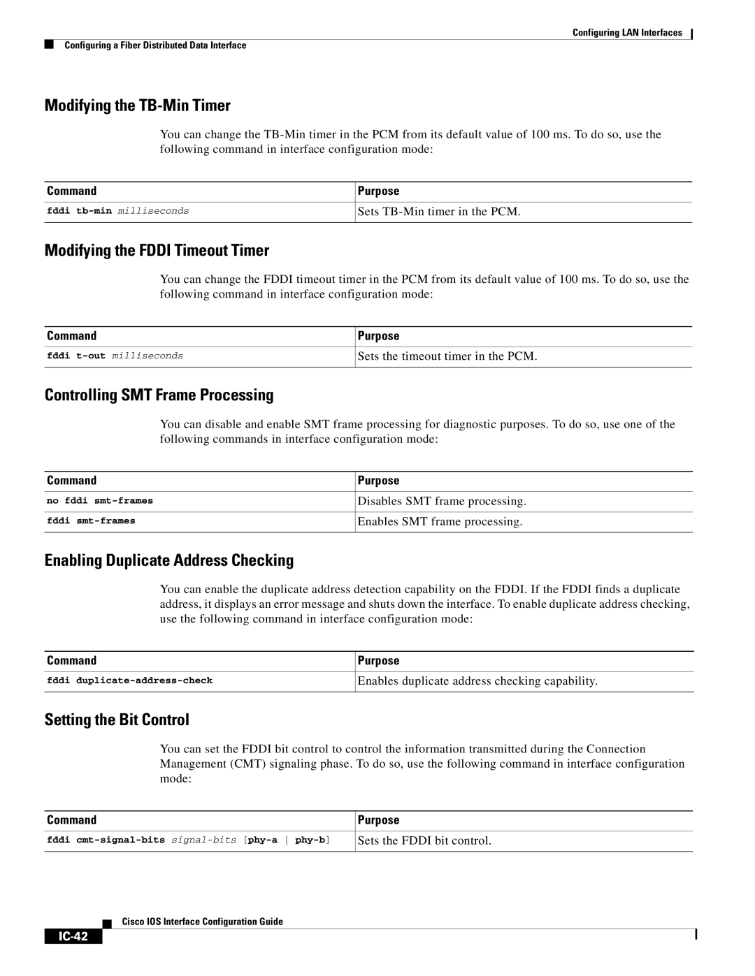 Cisco Systems IC-23 manual Modifying the TB-Min Timer, Modifying the Fddi Timeout Timer, Controlling SMT Frame Processing 