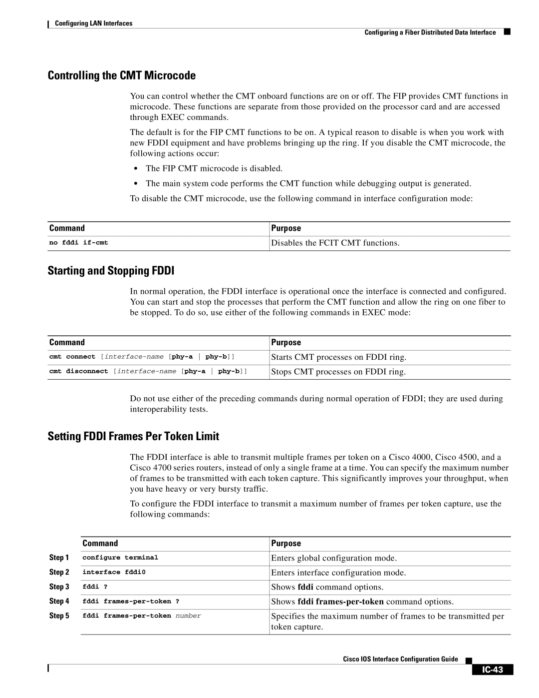 Cisco Systems IC-23 Controlling the CMT Microcode, Starting and Stopping Fddi, Setting Fddi Frames Per Token Limit, IC-43 