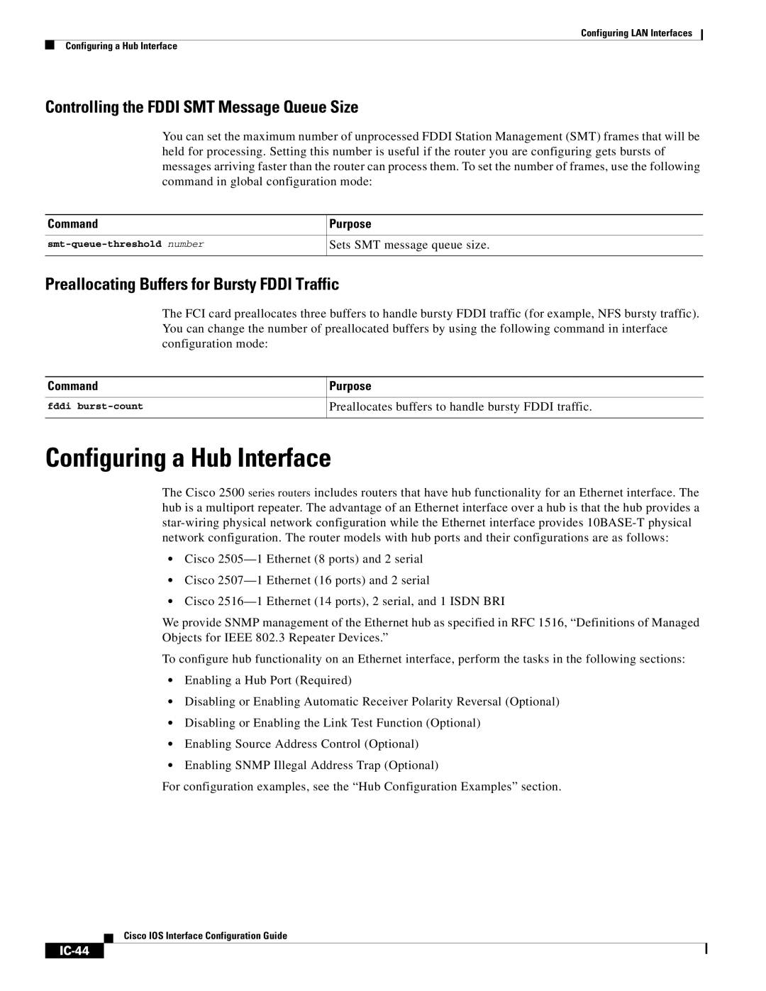 Cisco Systems IC-23 manual Configuring a Hub Interface, Controlling the Fddi SMT Message Queue Size, IC-44 