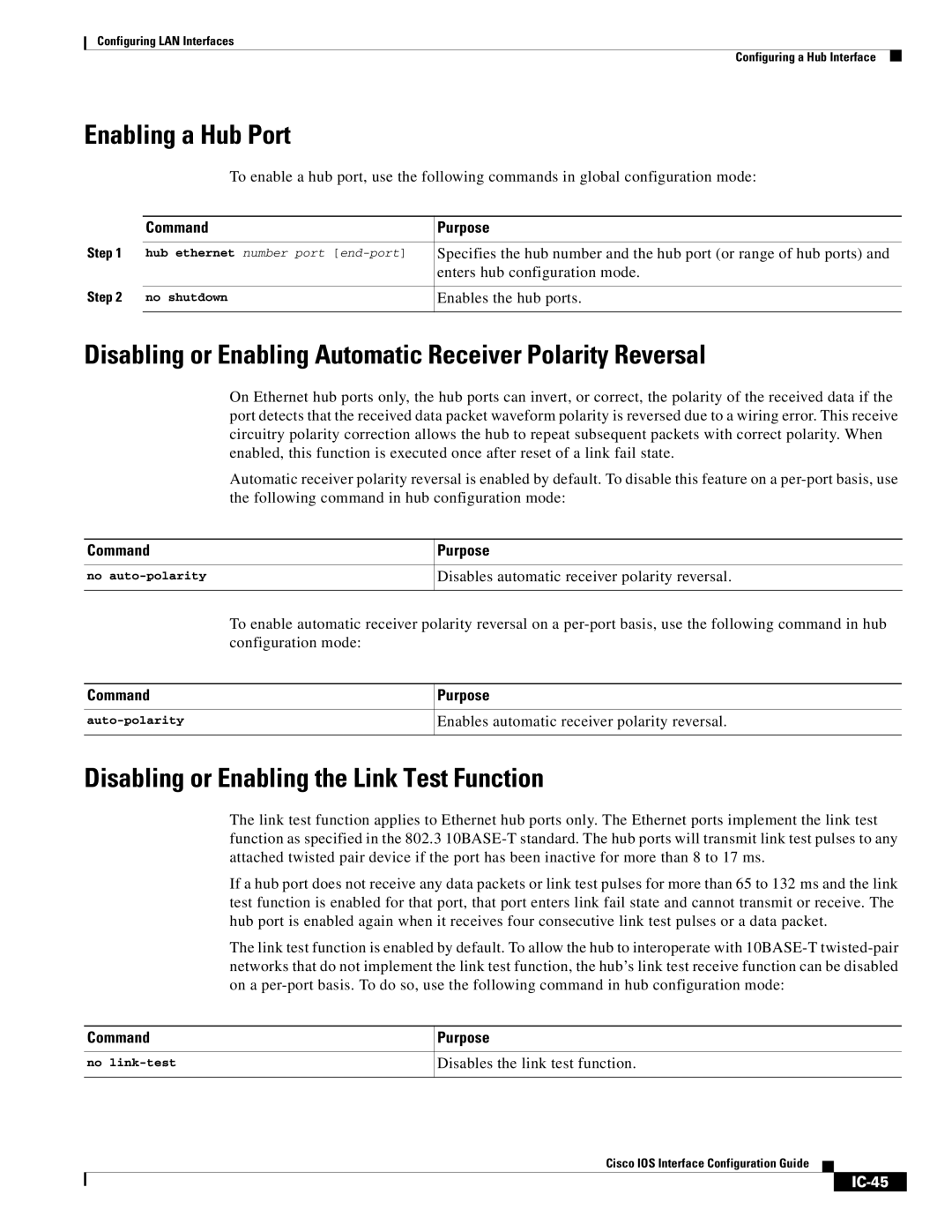 Cisco Systems IC-23 manual Enabling a Hub Port, Disabling or Enabling Automatic Receiver Polarity Reversal, IC-45 
