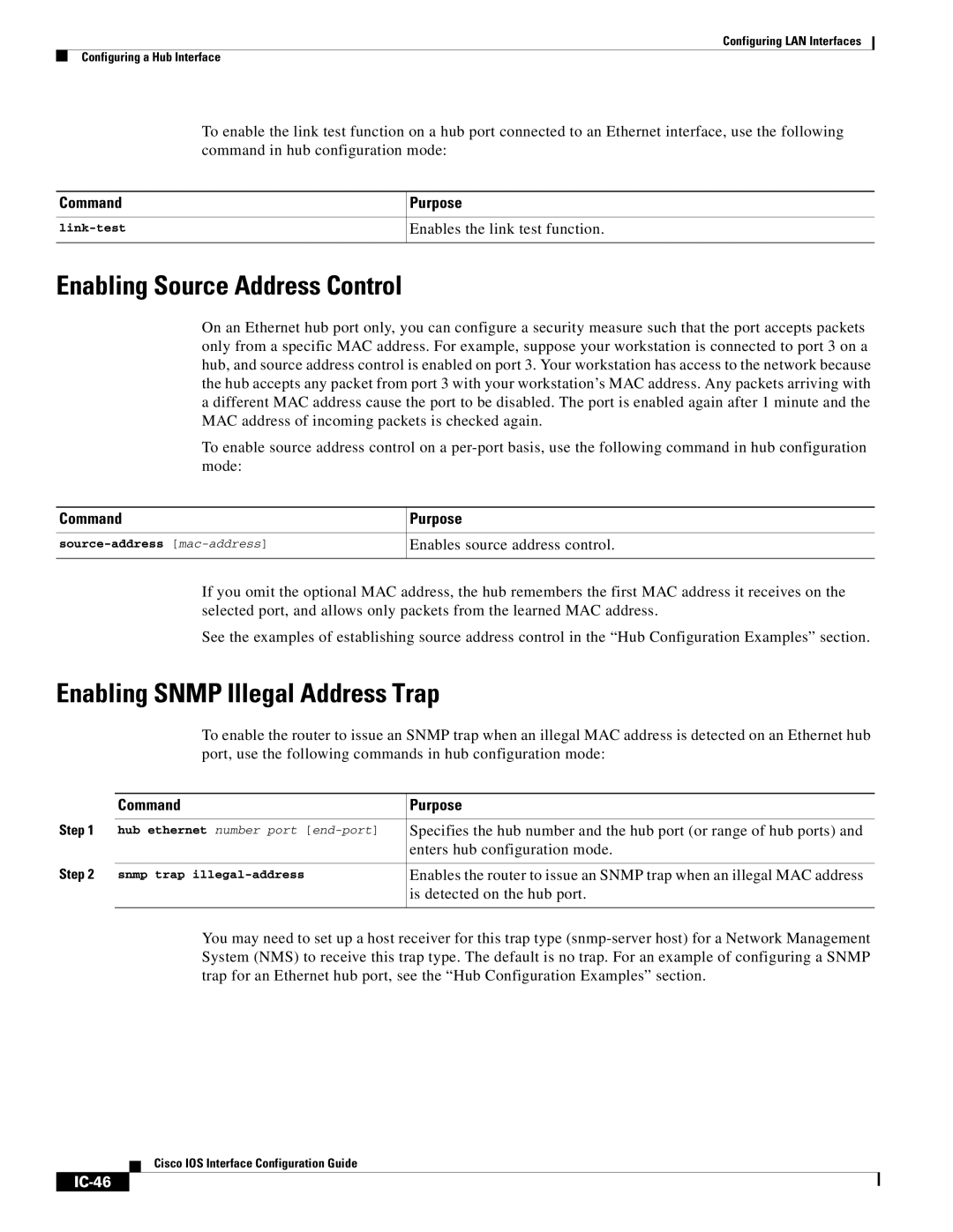 Cisco Systems IC-23 manual Enabling Source Address Control, Enabling Snmp Illegal Address Trap, IC-46 