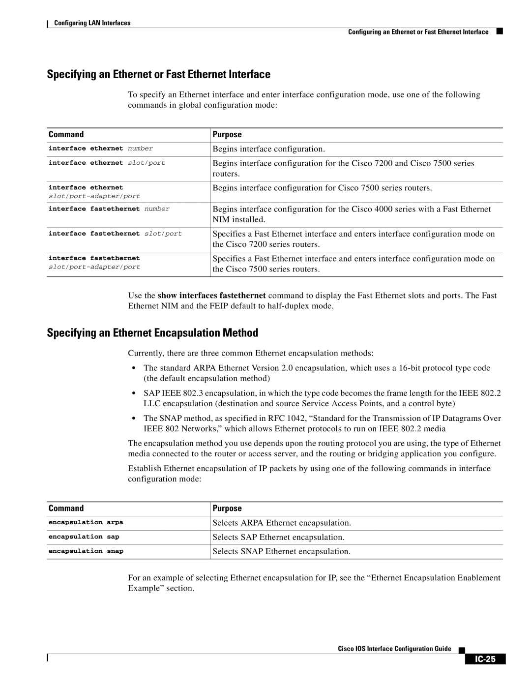 Cisco Systems IC-23 Specifying an Ethernet or Fast Ethernet Interface, Specifying an Ethernet Encapsulation Method, IC-25 