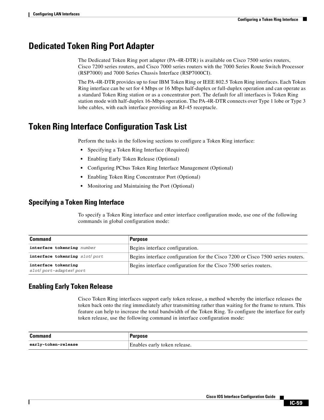 Cisco Systems IC-23 manual Dedicated Token Ring Port Adapter, Token Ring Interface Configuration Task List, IC-59 