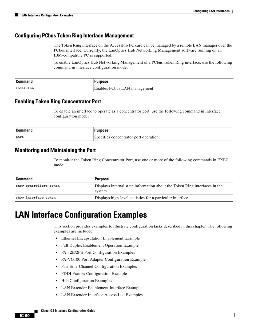 Cisco Systems IC-23 manual LAN Interface Configuration Examples, Configuring PCbus Token Ring Interface Management, IC-60 