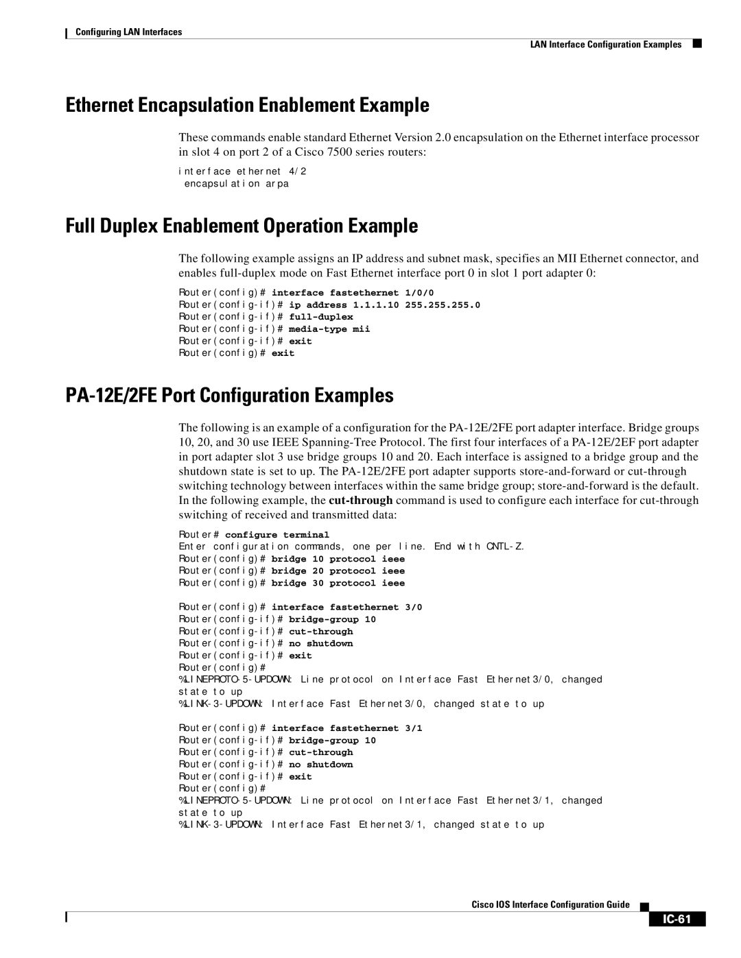 Cisco Systems IC-23 manual Ethernet Encapsulation Enablement Example, Full Duplex Enablement Operation Example, IC-61 