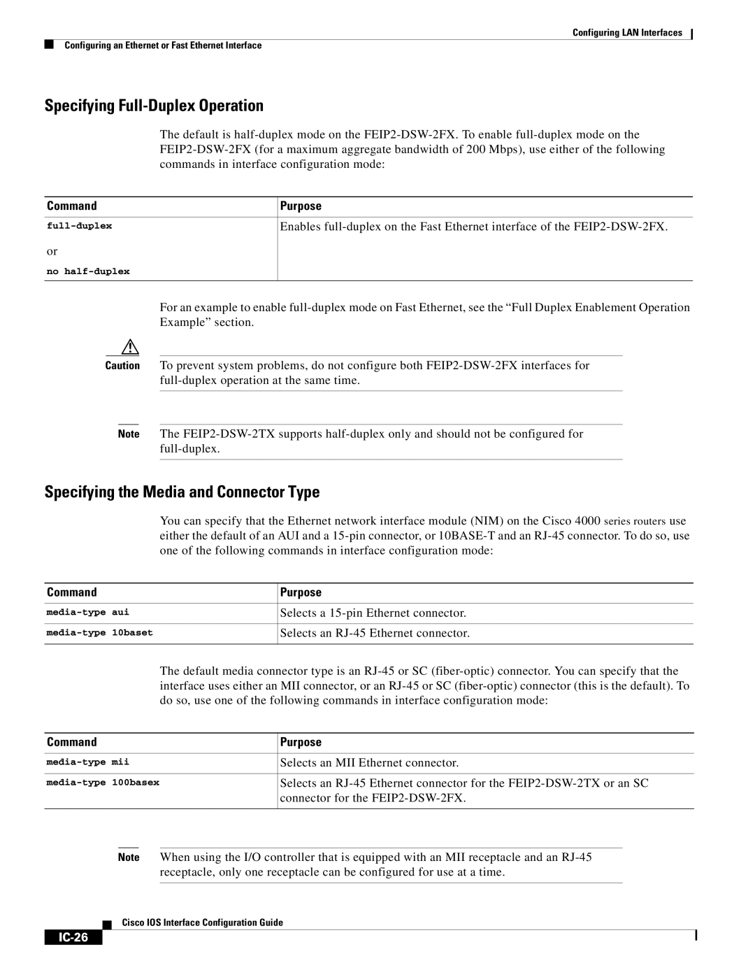 Cisco Systems IC-23 manual Specifying Full-Duplex Operation, Specifying the Media and Connector Type, IC-26 