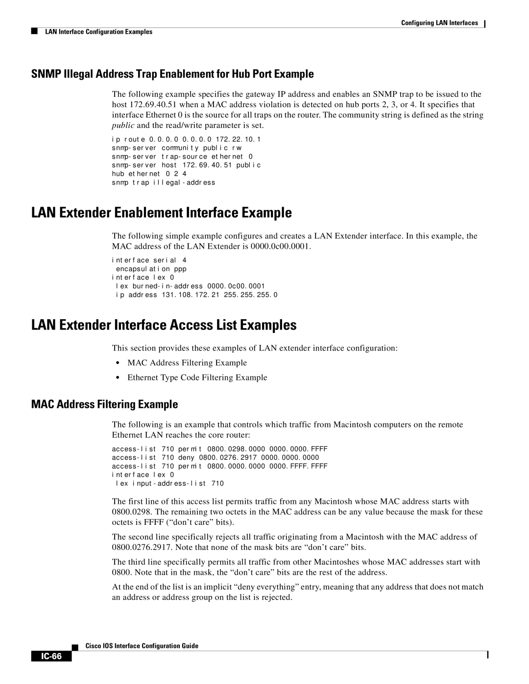 Cisco Systems IC-23 manual LAN Extender Enablement Interface Example, LAN Extender Interface Access List Examples, IC-66 