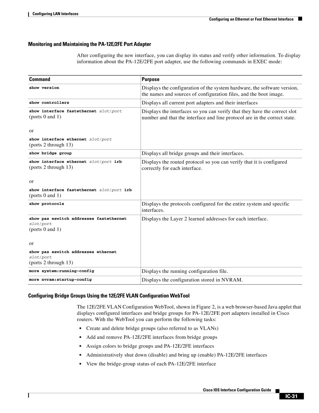 Cisco Systems IC-23 manual Monitoring and Maintaining the PA-12E/2FE Port Adapter, IC-31 