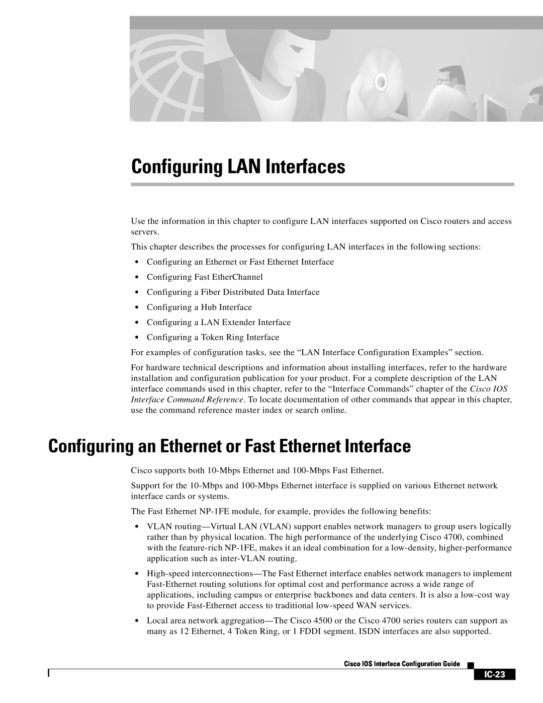 Cisco Systems IC-23 manual Configuring an Ethernet or Fast Ethernet Interface, Configuring LAN Interfaces 