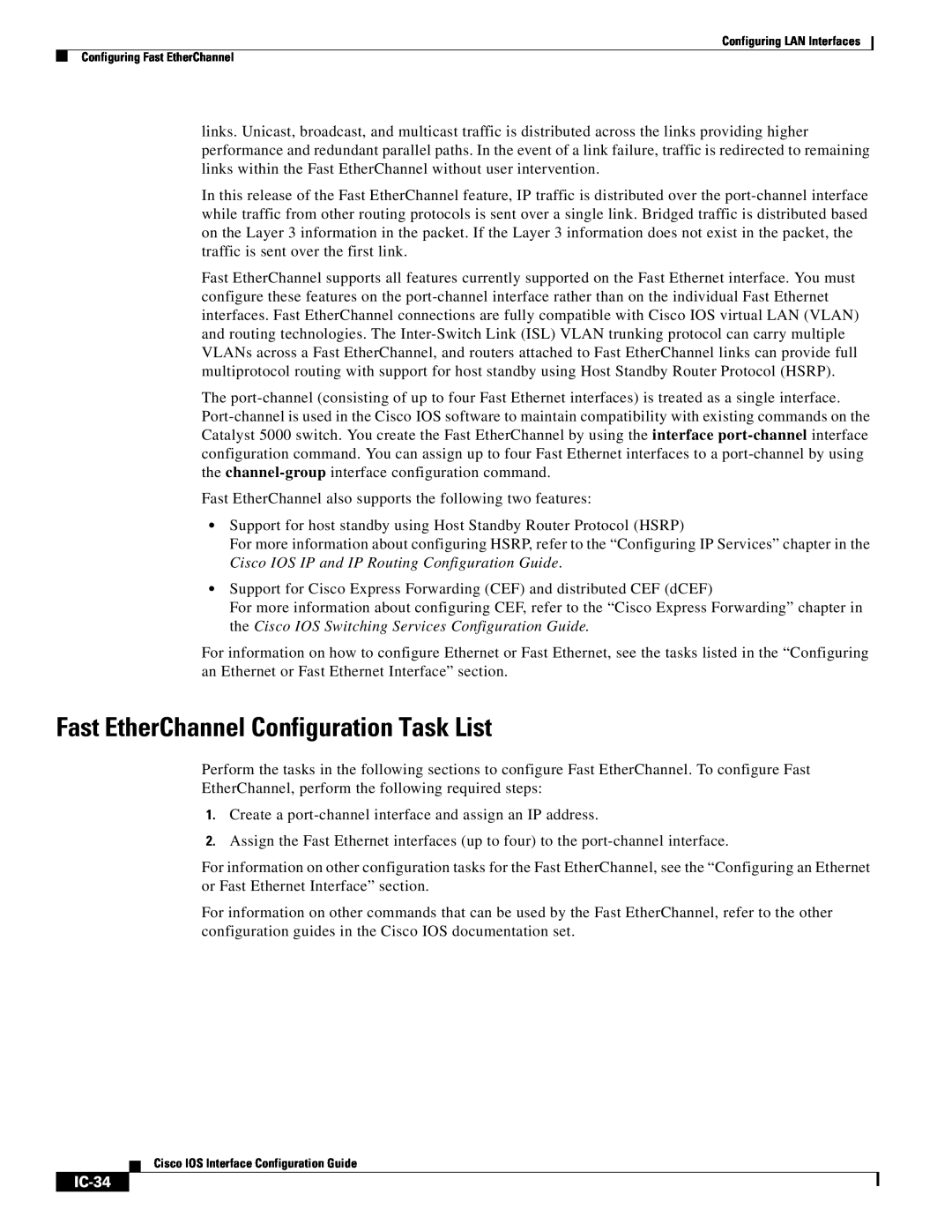Cisco Systems IC-23 manual Fast EtherChannel Configuration Task List, IC-34 