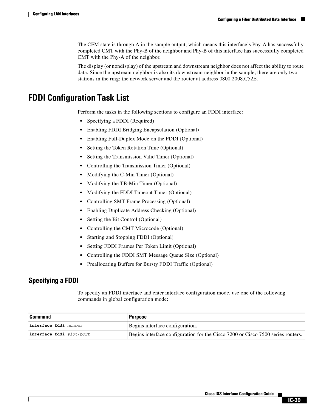 Cisco Systems IC-23 manual FDDI Configuration Task List, Specifying a FDDI, IC-39, Command, Purpose 
