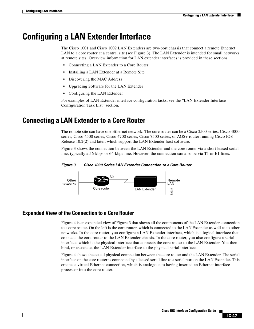 Cisco Systems IC-23 manual Configuring a LAN Extender Interface, Connecting a LAN Extender to a Core Router, IC-47 