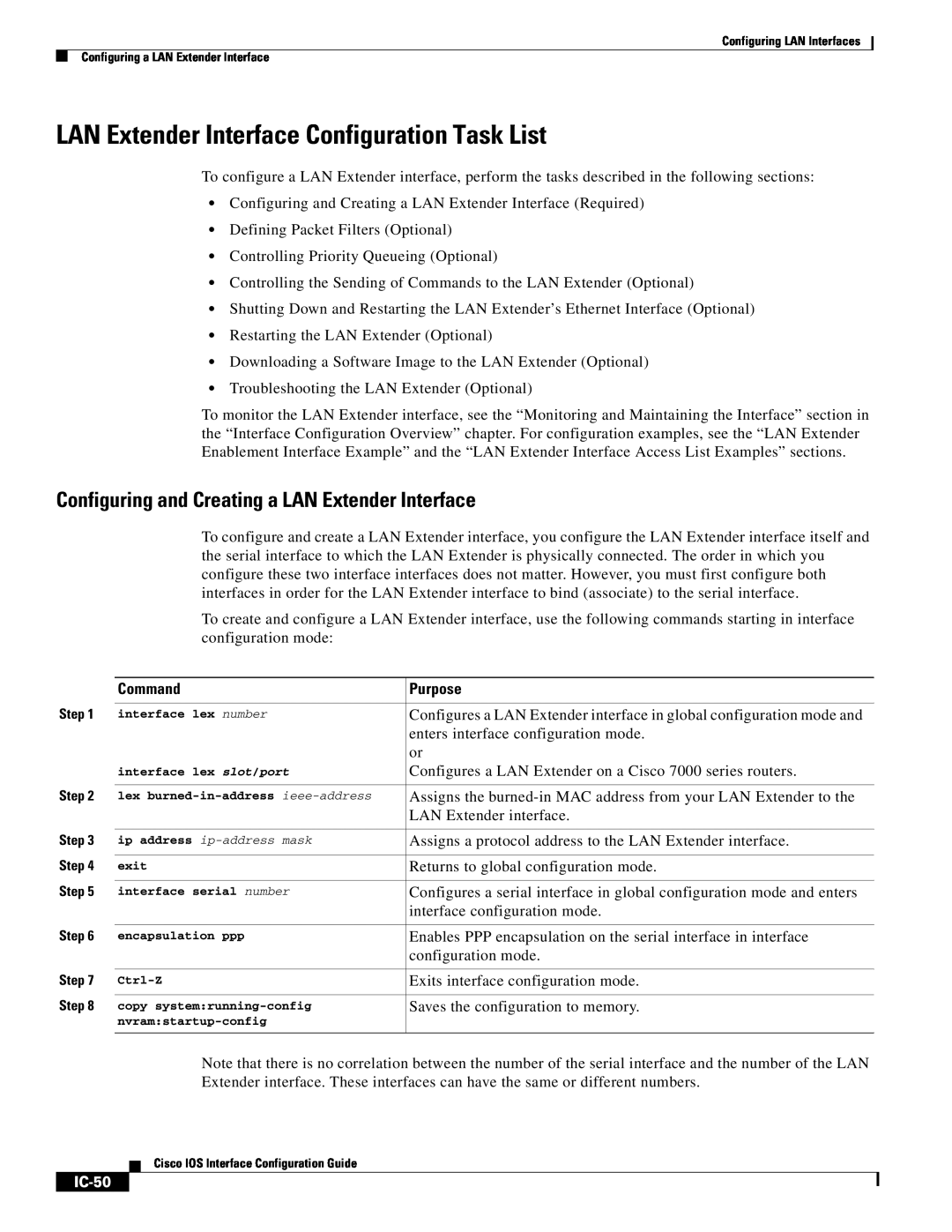 Cisco Systems IC-23 LAN Extender Interface Configuration Task List, Configuring and Creating a LAN Extender Interface 