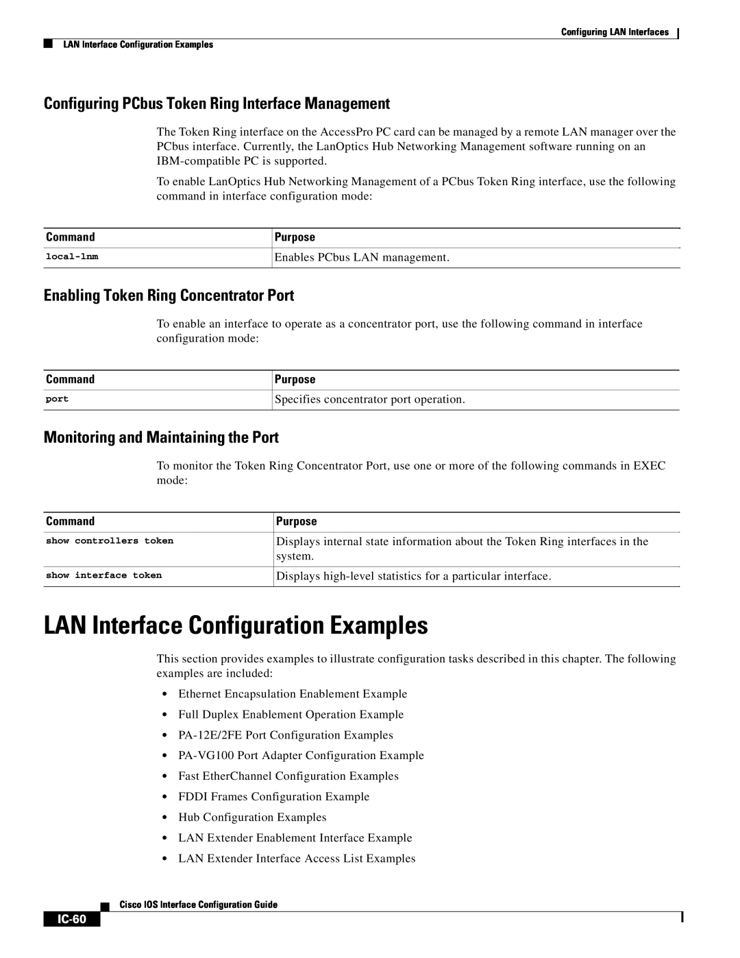 Cisco Systems IC-23 manual LAN Interface Configuration Examples, Configuring PCbus Token Ring Interface Management, IC-60 