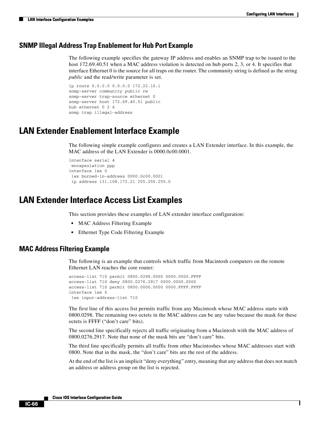 Cisco Systems IC-23 manual LAN Extender Enablement Interface Example, LAN Extender Interface Access List Examples, IC-66 