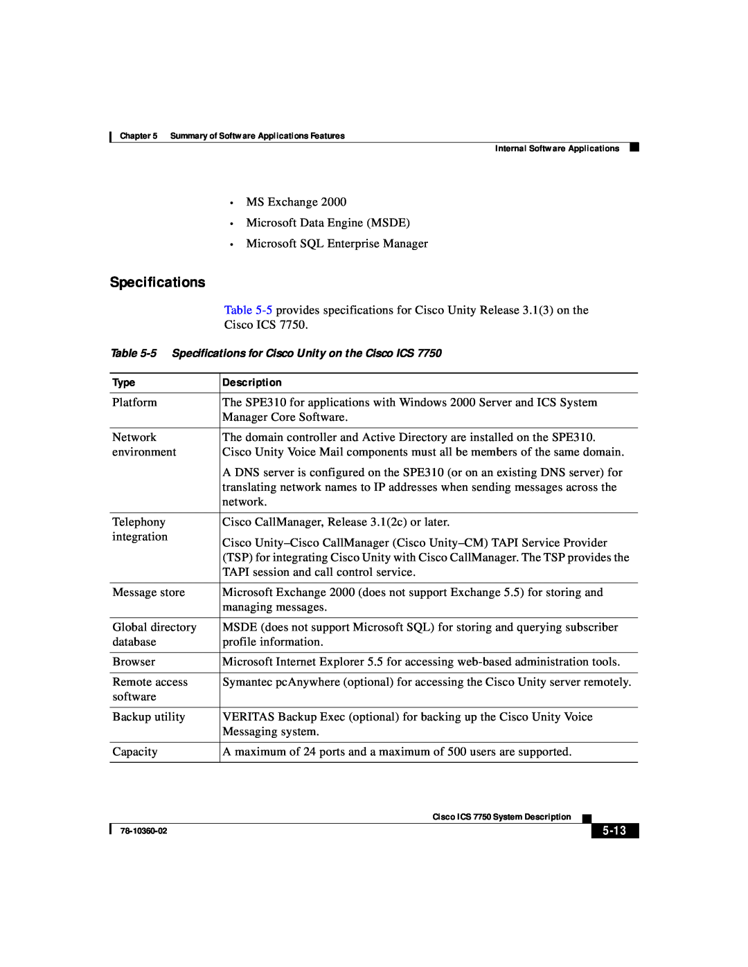 Cisco Systems ICS-7750 manual 5-13, 5 Specifications for Cisco Unity on the Cisco ICS 