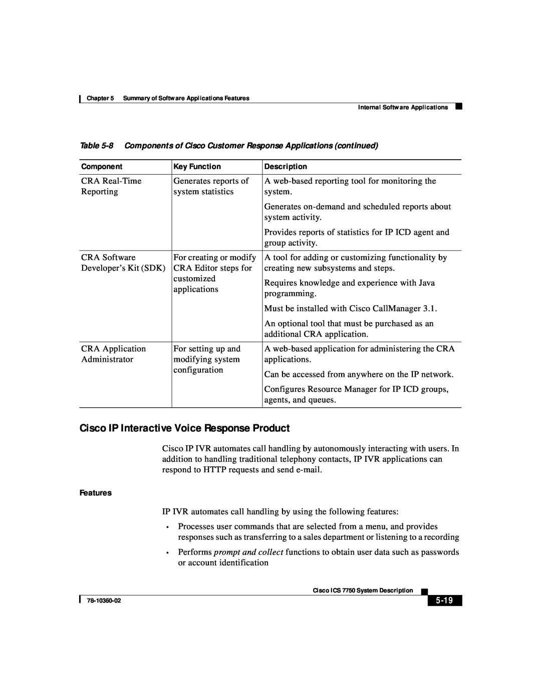 Cisco Systems ICS-7750 manual Cisco IP Interactive Voice Response Product, Features, 5-19 