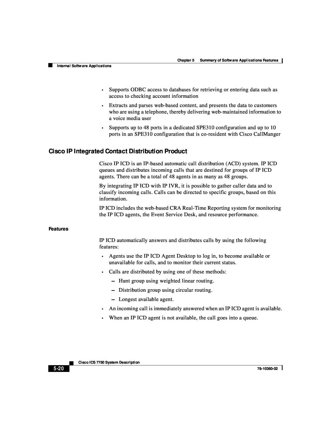 Cisco Systems ICS-7750 manual Cisco IP Integrated Contact Distribution Product, Features, 5-20 