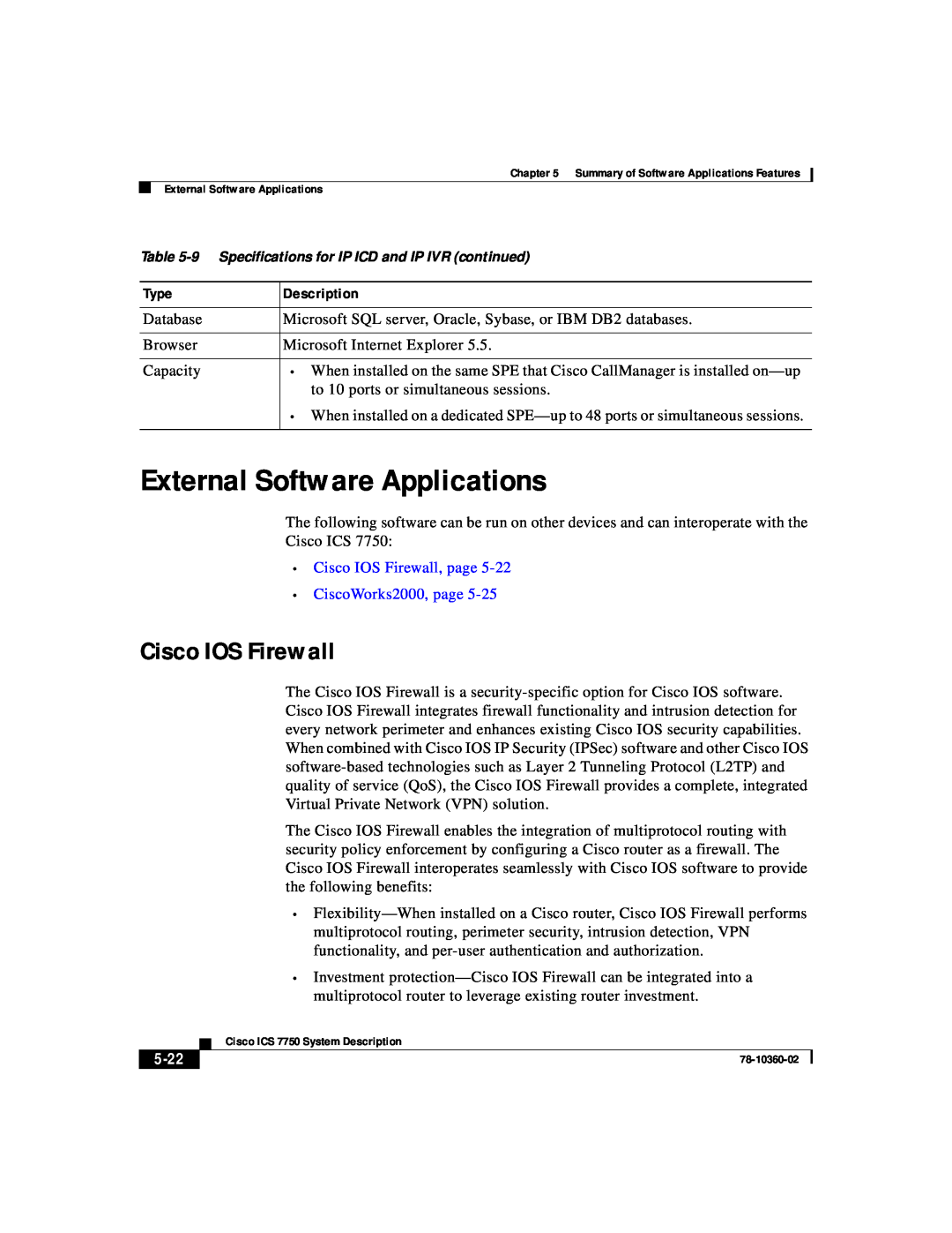 Cisco Systems ICS-7750 manual External Software Applications, Cisco IOS Firewall, page CiscoWorks2000, page, 5-22 