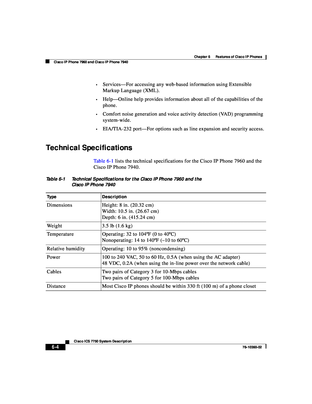 Cisco Systems ICS-7750 manual Technical Specifications, Cisco IP Phone 