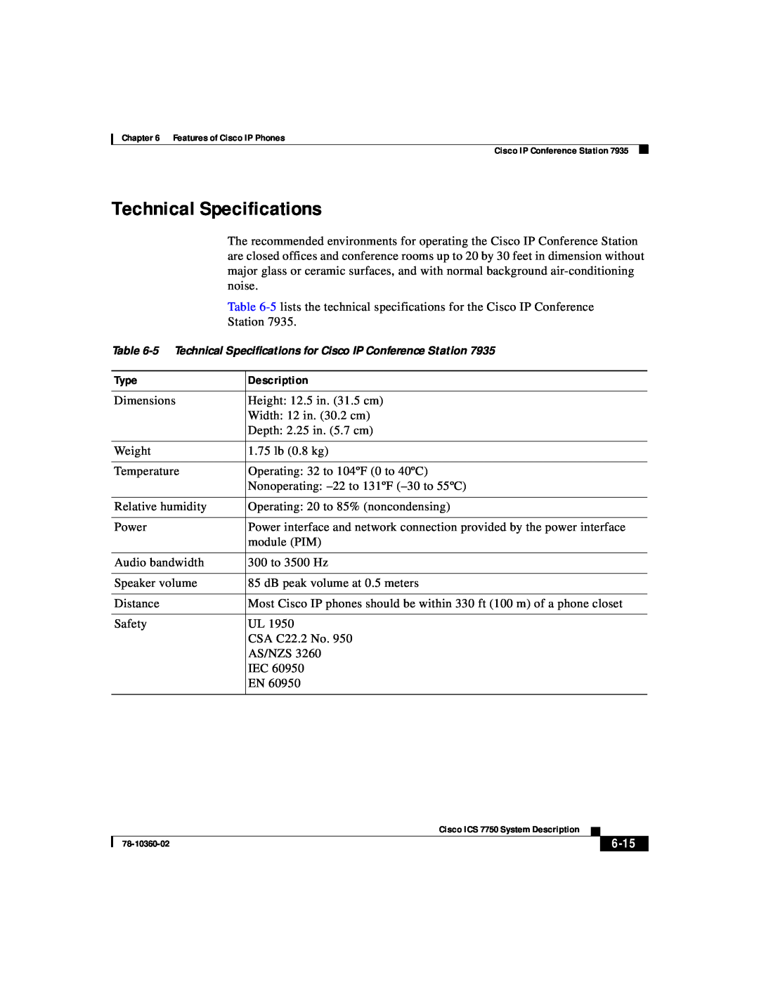 Cisco Systems ICS-7750 manual 6-15, 5 Technical Specifications for Cisco IP Conference Station 