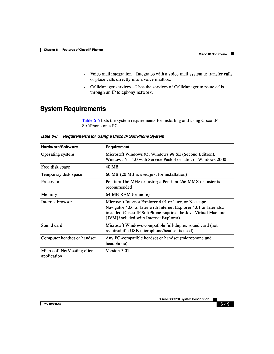Cisco Systems ICS-7750 manual System Requirements, Hardware/Software, 6-19 