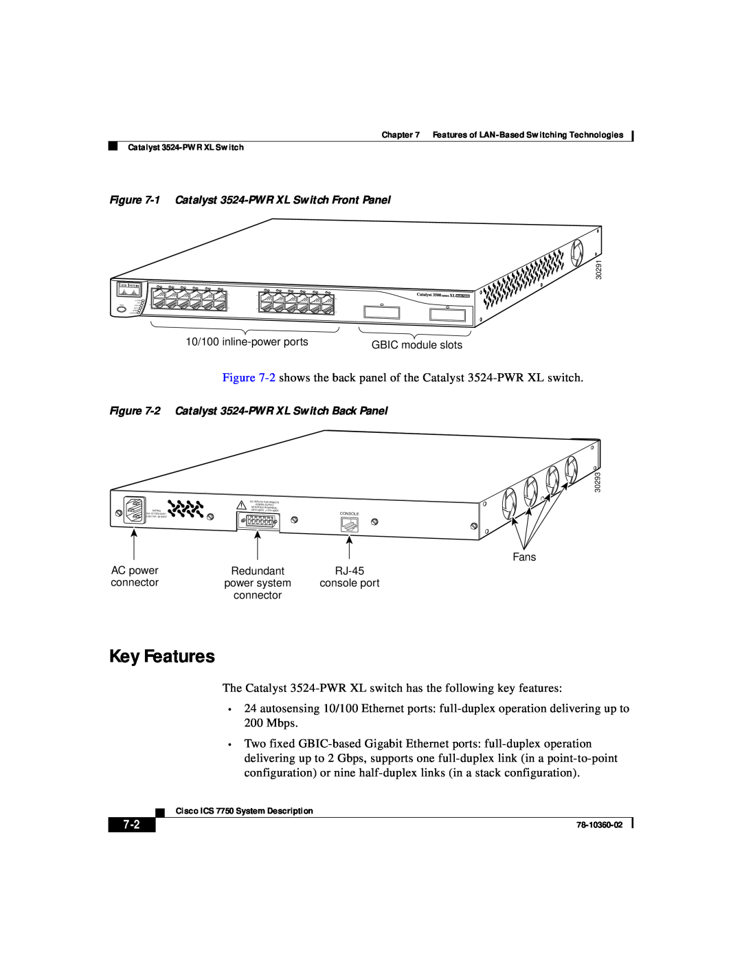 Cisco Systems ICS-7750 manual Key Features, 2 shows the back panel of the Catalyst 3524-PWR XL switch 