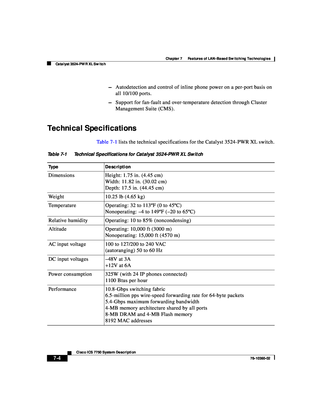 Cisco Systems ICS-7750 manual 1 Technical Specifications for Catalyst 3524-PWR XL Switch 