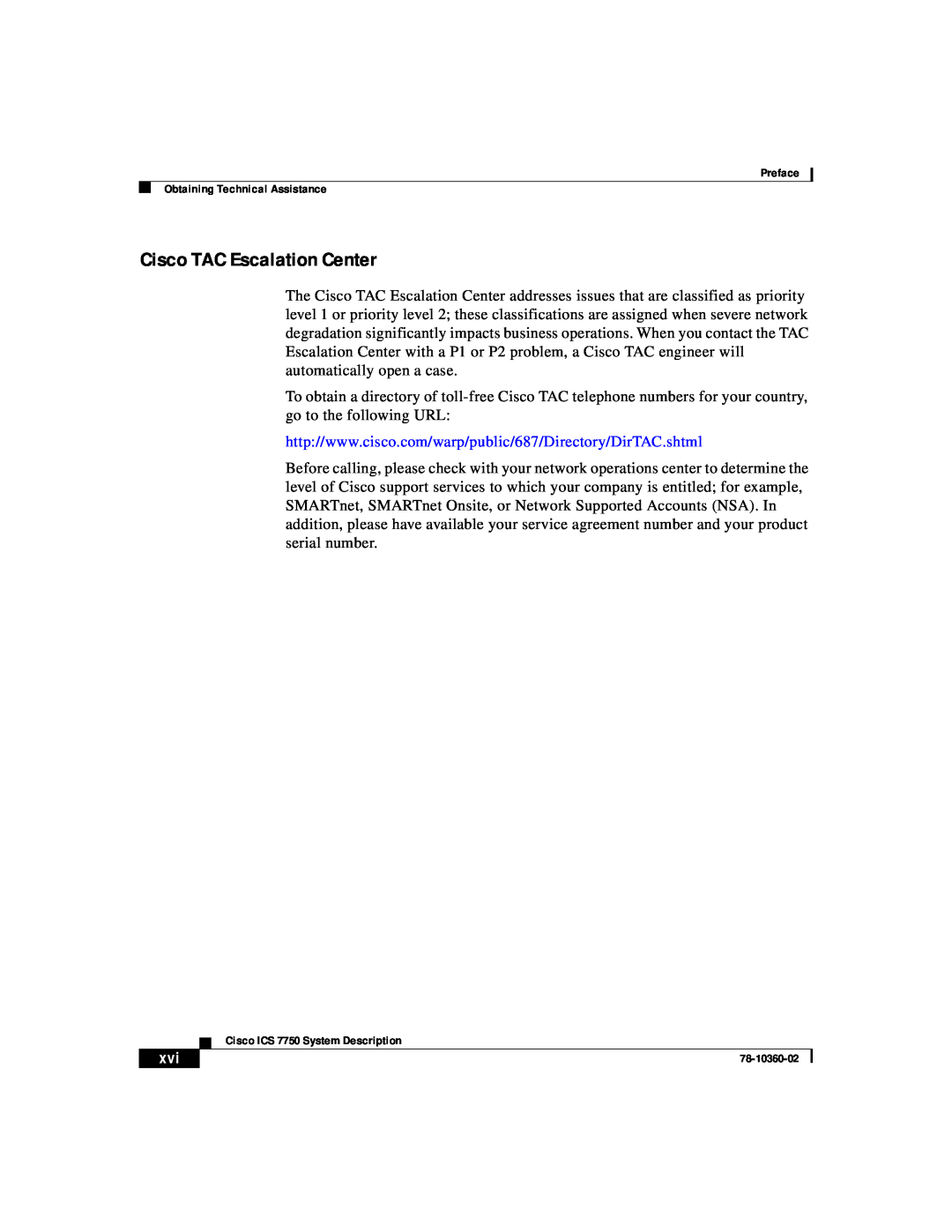 Cisco Systems ICS-7750 manual Cisco TAC Escalation Center 