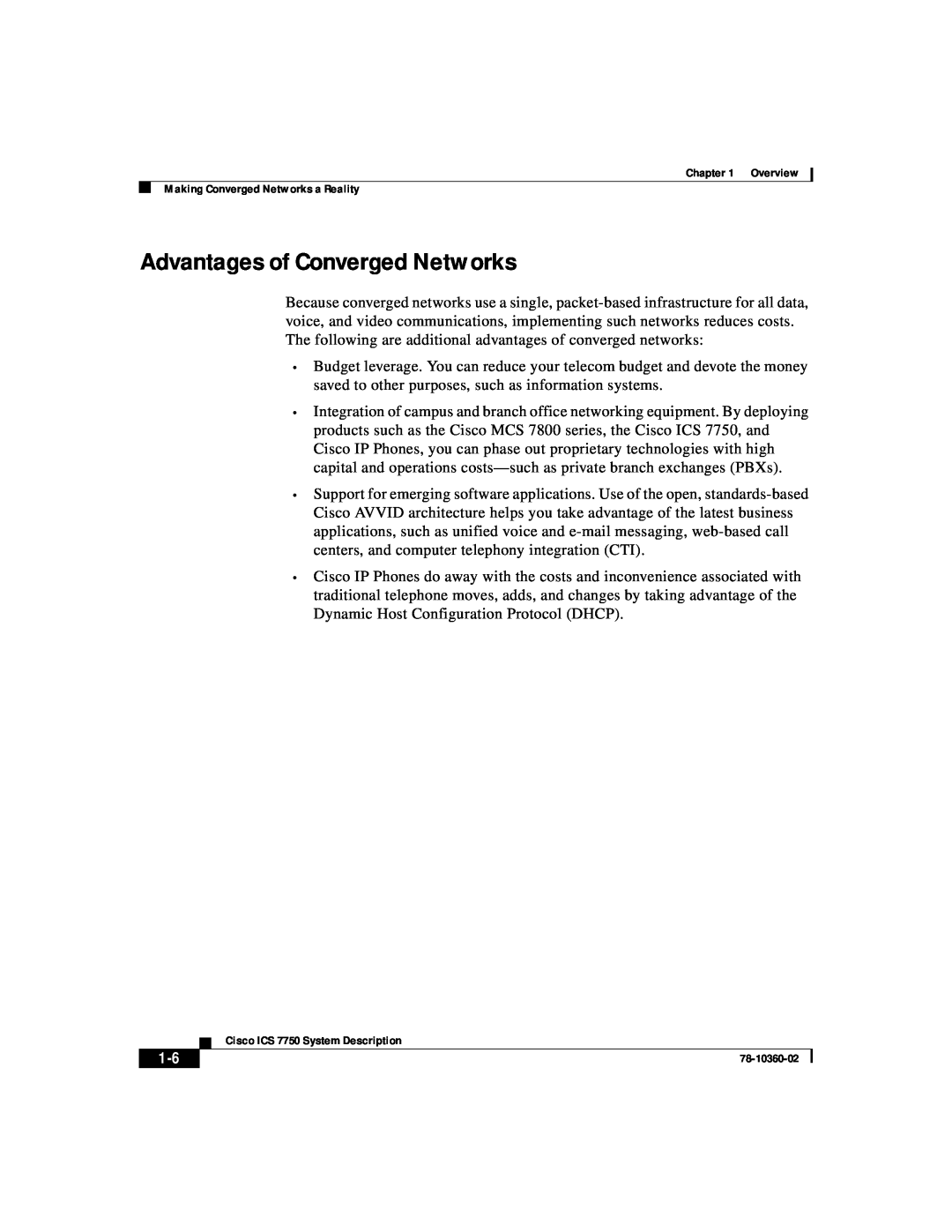 Cisco Systems ICS-7750 manual Advantages of Converged Networks 