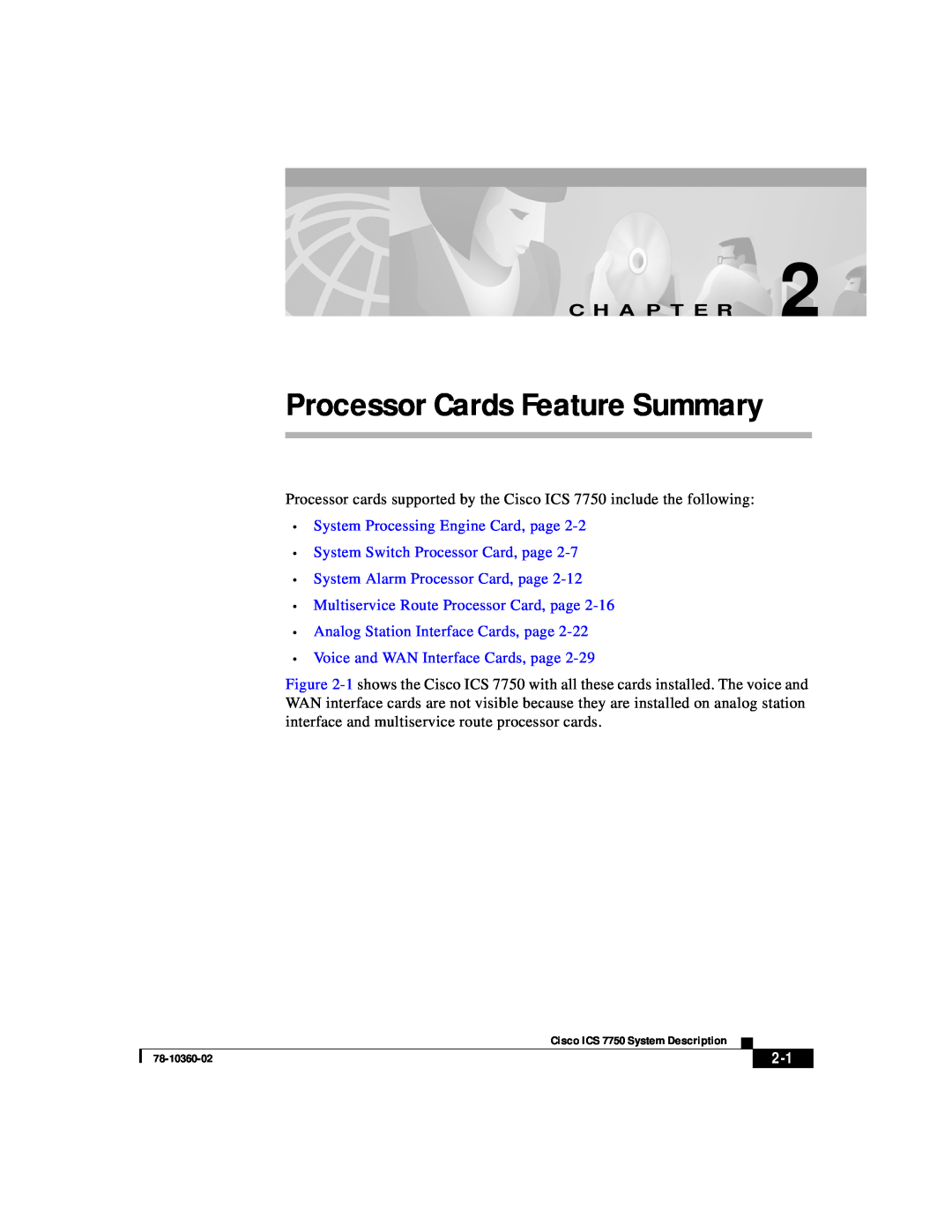 Cisco Systems ICS-7750 manual Processor Cards Feature Summary, C H A P T E R, System Processing Engine Card, page 