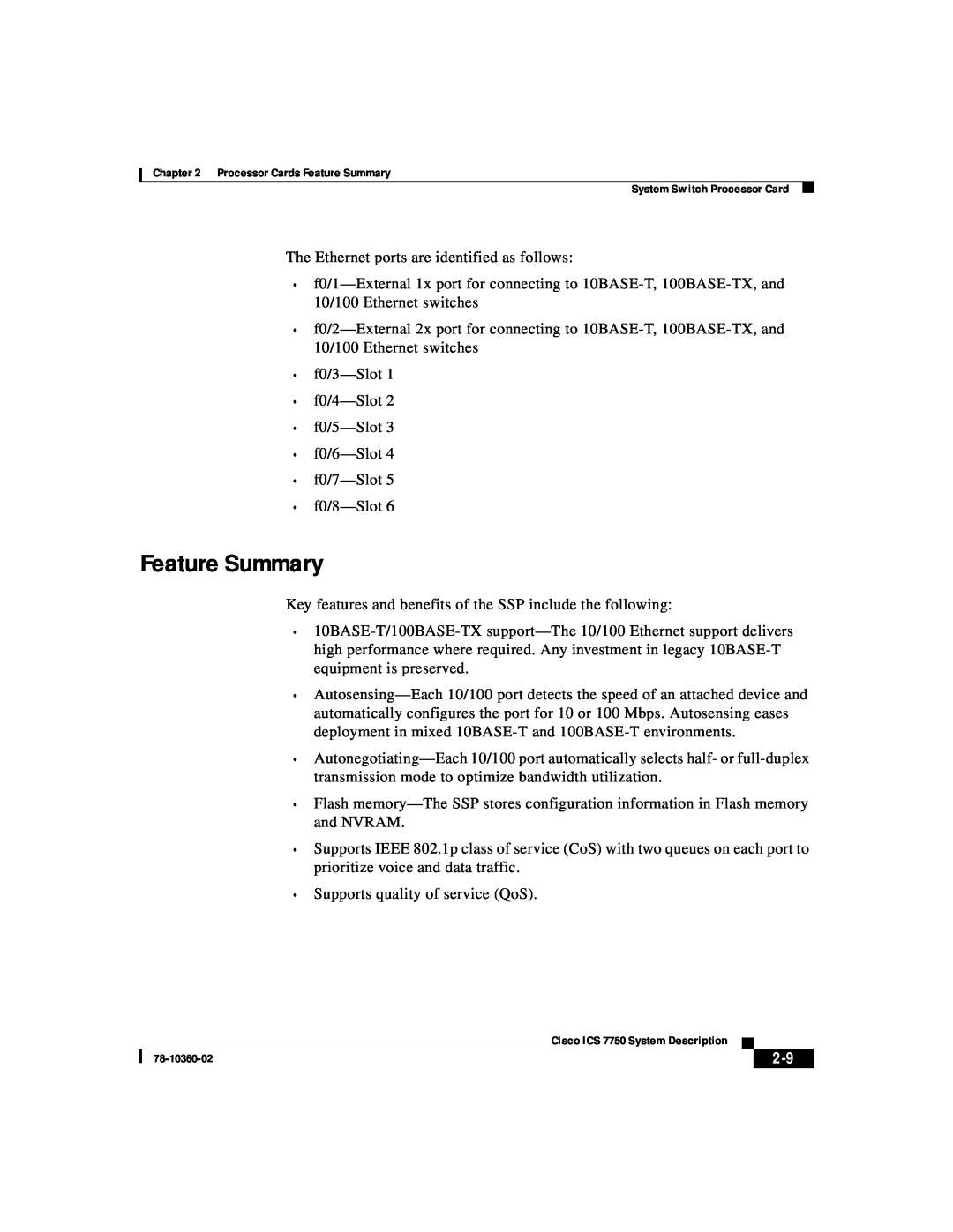 Cisco Systems ICS-7750 manual Feature Summary, The Ethernet ports are identified as follows 