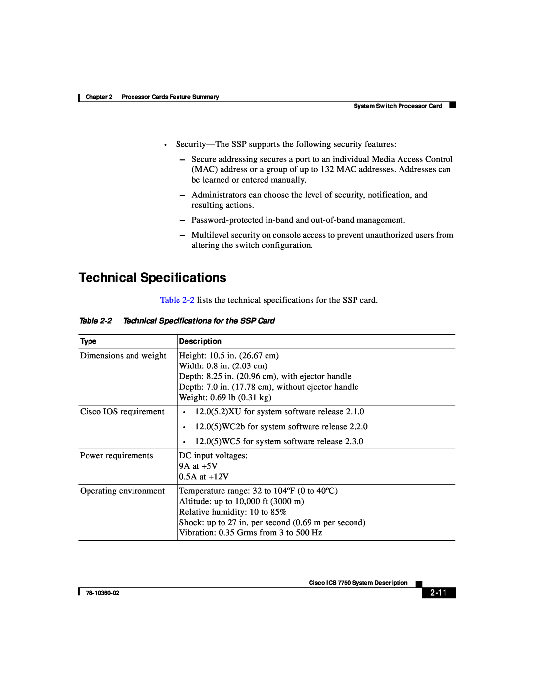 Cisco Systems ICS-7750 manual 2-11, 2 Technical Specifications for the SSP Card 